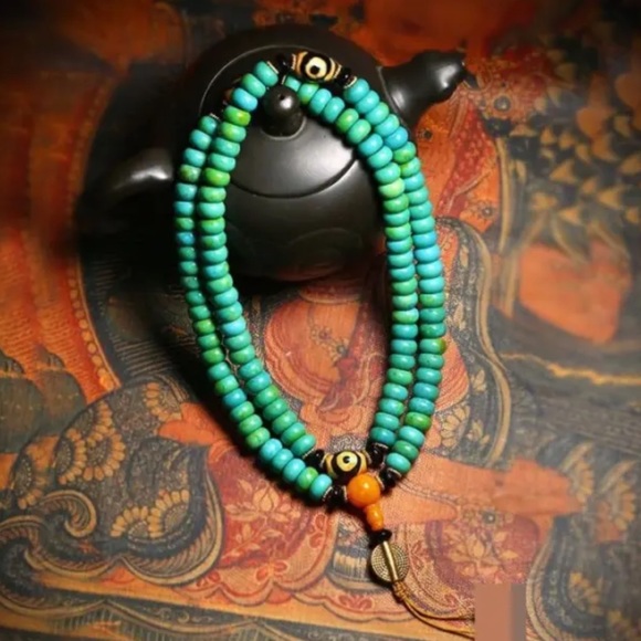 Tibetan turquoise Dzi Eye Meditation mala - Picture 1 of 6